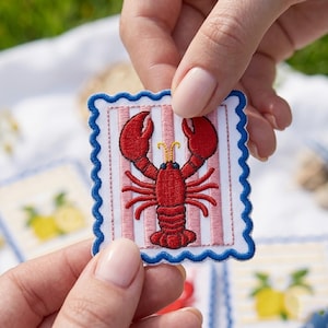 Coastal Postage Embroidered Patches, Seafood Stamp Iron On Patches , Lemon Shell Lobster Sardine Oyster Crab Patch For Bag, Hat, Summer Gift