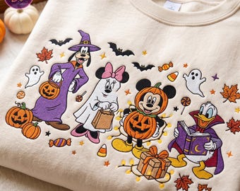 Cute Halloween Mouse And Friends Embroidered Sweatshirt, Fall Holiday Apparel, Spooky Magical Land Character Shirt, Fall Crewneck Gift