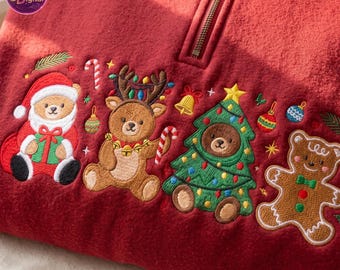 Vintage Bear Christmas Embroidered Quarter Zip Sweatshirt, Retro Christmas Holiday Shirt, Cute Bear Xmas Tee, Xmas Gift, Winter Holiday Gift