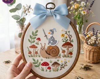 Embroidered Goose Knight on Snail Hoop, Cottagecore Nature Wall Art, Floral Goose Home Decor, Holiday Keepsake, Nature Lover Gift