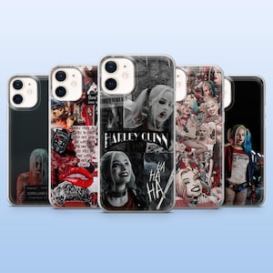 Puede incluir: Una colección de cinco fundas para teléfono con diseños de Harley Quinn. Las fundas muestran varias imágenes del personaje, incluyendo collages, retratos e ilustraciones de estilo cómic. La paleta de colores incluye negro, blanco, rojo y azul.
