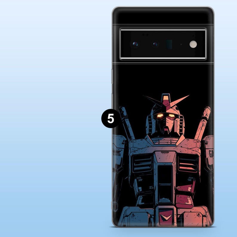 May include: A black phone case featuring a stylized illustration of a robot with a red and blue color scheme. The robot has a detailed design with visible mechanical components and glowing eyes. The case is designed for a Google Pixel 6 Pro.