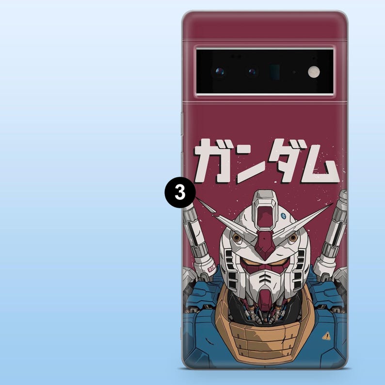 May include: A phone case featuring a robotic illustration with the Japanese word "Gundam" in white. The case has a burgundy background and a detailed image of a robot's head and shoulders in blue, white, and red.