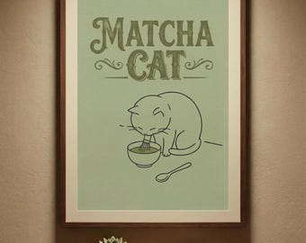 Matcha Cat Art Print | Vintage Japanese Kitchen Decor (Digital Download)