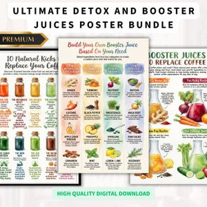 Könnte beinhalten: Ein Poster-Bundle mit Saftrezepten zur Entgiftung und Steigerung der Energie. Die Poster enthalten Rezepte für Booster-Shots und Kaffeeersatz, mit Zutaten wie Ingwer, Kurkuma und Matcha. Der Text lautet "Ultimate Detox and Booster Juices Poster Bundle."