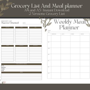 May include: A digital grocery list and weekly meal planner. The design features a brown and white color scheme with floral accents. The grocery list is divided into sections for macros, and the meal planner has space for each day of the week.