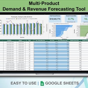 May include: A laptop screen displays a multi-product demand and revenue forecasting tool. The screen shows charts, graphs, and data tables with financial information. The text "EASY TO USE | GOOGLE SHEETS" is at the bottom of the screen.