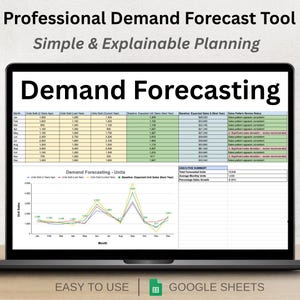 May include: A laptop screen showing a demand forecasting tool. The screen displays a spreadsheet with data and a line graph. Text on the screen reads "Demand Forecasting" and "Easy to Use | Google Sheets."