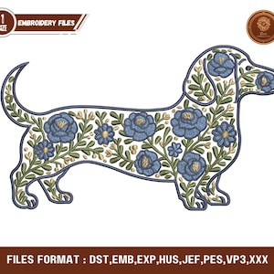 Può includere: Un disegno ricamato di bassotto con motivi floreali blu e foglie verdi. Il disegno è delineato in blu scuro e include il testo "EMBROIDERY FILES". L'immagine mostra anche i formati di file: DST, EMB, EXP, HUS, JEF, PES, VP3 e XXX.