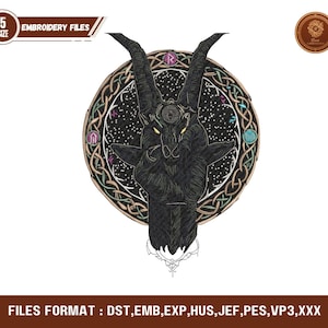 May include: Black embroidery file design featuring a goat head with large horns, set against a starry background within a Celtic knot circle. The design includes the text "EMBROIDERY FILES" and "5 SIZE".