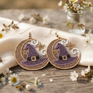 Witch Hat & Moon FSL Machine Embroidery Design, Halloween Free Standing Lace Earrings, Crescent Moon Witch Pattern, Digital Download