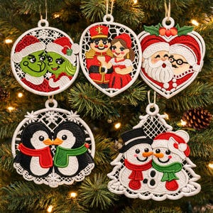 FSL Christmas Ornament Bundle, Freestanding Lace Embroidery Santa Mrs Claus, Grinch Couple, Snowman, Nutcracker Ballerina, Penguin Pair