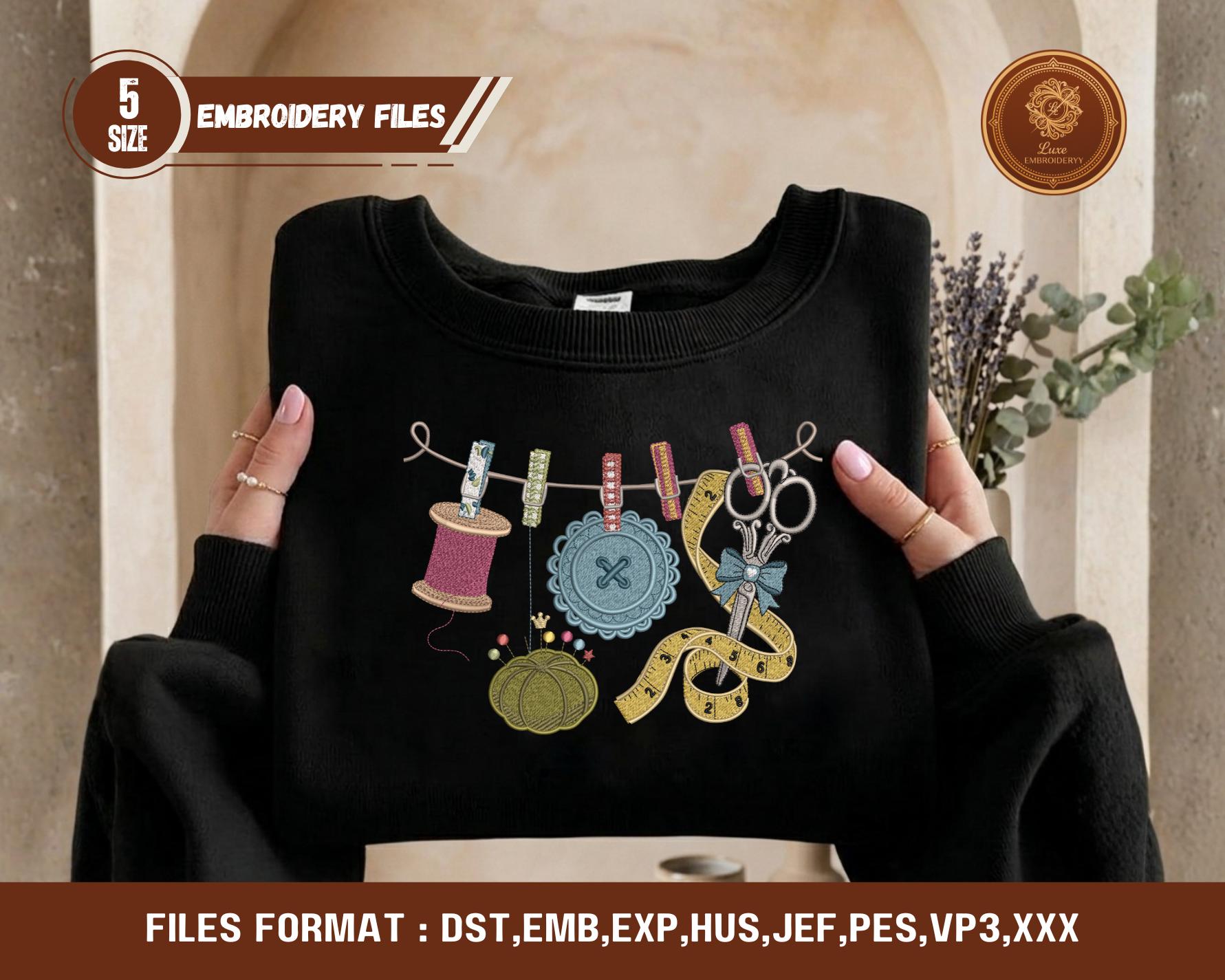 Sewing Tools Embroidery Design File: Spools, Scissors, Tape, Machine ...