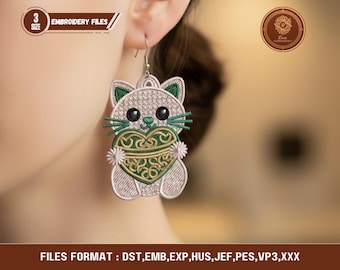 FSL Valentine kat oorbellen machine borduurwerk ontwerpbestand, vrijstaande Lace hart oorbellen patroon voor borduurmachines