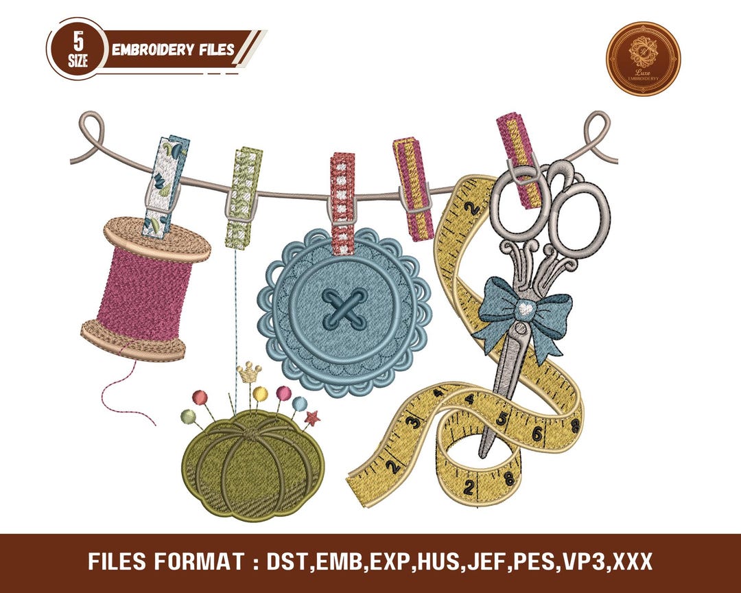 Sewing Tools Embroidery Design File: Spools, Scissors, Tape, Machine ...