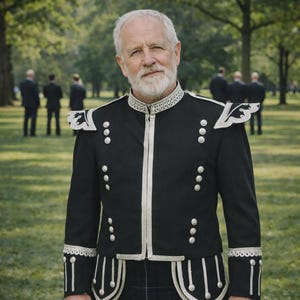 Pode incluir: Um homem com um casaco preto com detalhes e botões prateados está num parque. O casaco tem ombreiras decorativas e uma gola alta. Outros homens de fato preto estão no fundo. O casaco faz parte de um traje formal.