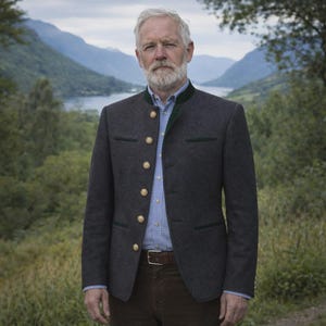 Puede incluir: Chaqueta gris oscuro con botones dorados y ribetes verdes. Se lleva sobre una camisa azul claro y pantalones marrones. El fondo muestra una vista panorámica de montañas y un lago.
