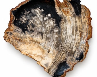 May include: A polished slice of petrified wood featuring a cross-section with visible tree rings. The specimen displays a color palette of deep black, charcoal gray, and warm tan, with a rough, textured outer bark edge surrounding the smooth face.
