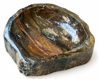 Tigela escultural em madeira petrificada opalizada, madeira fossilizada agatizada verde com cavidades de cristal.