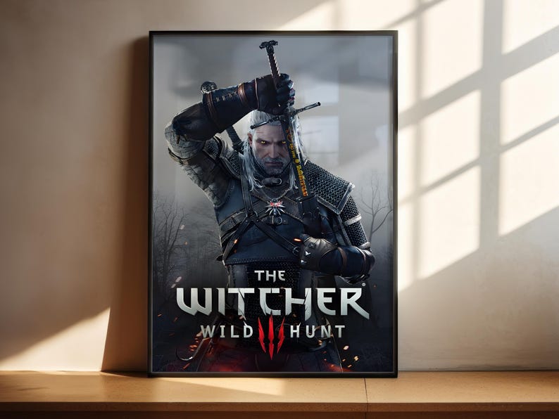 The image is a poster for the video game "The Witcher Wild Hunt" featuring a character holding a sword.