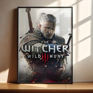 The image is a poster for the video game "The Witcher Wild Hunt" featuring a character from the game.