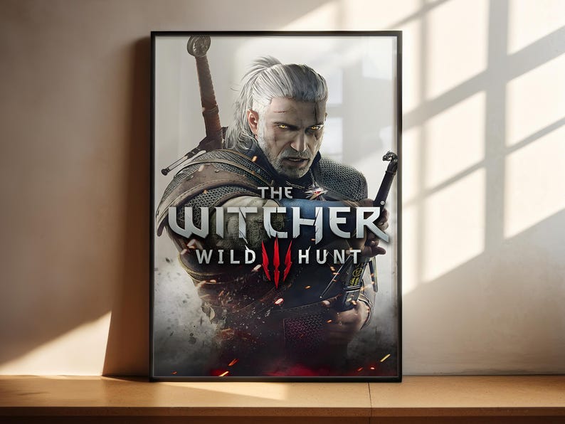 The image is a poster for the video game "The Witcher Wild Hunt" featuring a character from the game.
