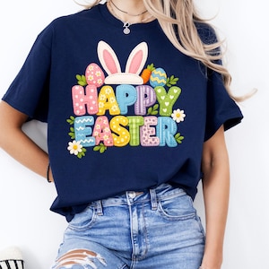 Frohe Ostern T-Shirt | Festliches Bunny & Eggs Graphic Tee, Frühlingsurlaubskleid
