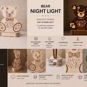 Bear Night Light Laser Cut Files | SVG DXF LightBurn | Plywood & Acrylic LED Lamp | Teddy Bear Nursery Decor | Digital Download