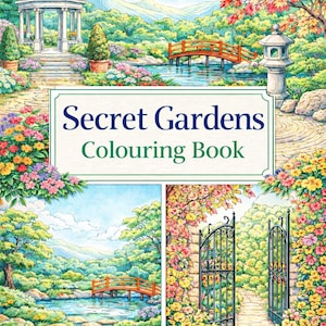 以下が含まれることがあります： 「Secret Gardens Colouring Book」の表紙の鮮やかなイラスト。白いガゼボ、池にかかる赤い橋、色とりどりの花が描かれた、穏やかな庭の風景です。空は青く、ふわふわの雲が浮かんでいます。