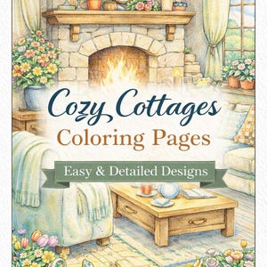May include: A detailed illustration of a cozy cottage interior, featuring a fireplace, furniture, and plants. The text "Cozy Cottages Coloring Pages" is displayed, along with "Easy & Detailed Designs". A rabbit and watering can are in the foreground.