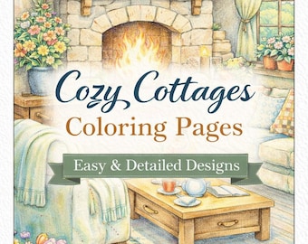 Puede incluir: Ilustración detallada de un interior de cabaña acogedor, con chimenea, muebles y plantas. Se muestra el texto "Cozy Cottages Coloring Pages", junto con "Easy & Detailed Designs". Un conejo y una regadera están en primer plano.