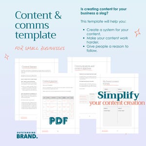 Op de afbeelding: Een digitale sjabloon voor kleine bedrijven, met een lichtblauwe achtergrond en de tekst "Content & comms template" en "FOR SMALL BUSINESSES". De sjabloon bevat contentplanning en communicatiedoelstellingen, met de tekst "Simplify your content creation".
