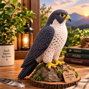Può includere: Una statuetta di falco pellegrino all'uncinetto in filato grigio scuro e crema, con zampe gialle e artigli neri. L'uccello è appollaiato su una base di roccia strutturata con un'etichetta di carta marrone che riporta Handmade with Love.