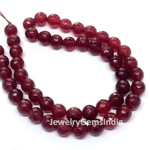Faceted Ruby Color Ball Gemstone Beads, 8 Inch Strand, For Jewelry Craft