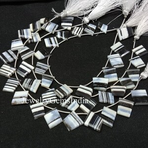 Könnte beinhalten: Stränge quadratisch geschnittener Edelsteinperlen in Schwarz, Weiß und Grau. Die Perlen sind auf einem Silberdraht aufgefädelt und mit weißen Quastenenden versehen. Der Text "Jewel Gems India" ist sichtbar.