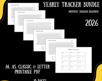 2026 Bullet Journal Trackers, Yearly Trackers Bundle, Bujo Planner, Year in a Pixel Tracker A4 A5 Letter