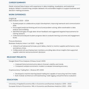 以下が含まれることがあります： ベルリン在住のデータアナリスト、Alexander Morrisの履歴書。職務経歴、関連プロジェクト、学歴、データ分析やPythonなどのスキルを記載しています。