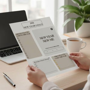 May include: A planner sheet with the text "2026 New Year Goals" and "New Year New Me". The sheet includes sections for goals, places to go, and things to learn. A laptop, pen, and coffee cup are in the background.