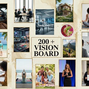 Peut inclure: Un tableau de visualisation avec diverses images, notamment des personnes dans des contextes professionnels, un couple sur une plage, une femme méditant et un pique-nique familial. Le texte "200+ VISION BOARD" est bien en évidence.