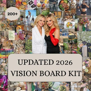 Puede incluir: Kit de vision board con el texto "UPDATED 2026 VISION BOARD KIT". La imagen es un collage de imágenes de estilo de vida, con dos mujeres en el centro. Una lleva una bata blanca, la otra un vestido negro y guantes rojos.