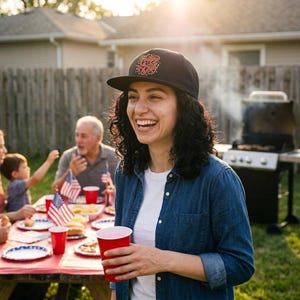 Puede incluir: Una gorra de béisbol negra con el texto Happy 4th of July en una fuente decorativa en el panel frontal. La gorra tiene una corona estructurada y una visera plana, confeccionada en tela negra sólida con detalles de costuras visibles.