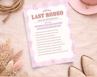 Juego "¿Qué dijo el novio?", Juego de despedida de soltera "El último rodeo", Fiesta vaquera rosa imprimible, Editable en Canva, Descarga instantánea