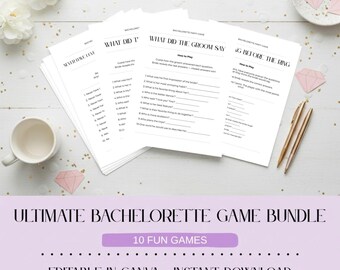 May include: A stack of white paper bachelorette party games with text. The games include "What Did The Groom Say" and "Never Have I Ever". The image also includes a white mug, pens, and decorative diamond shapes.