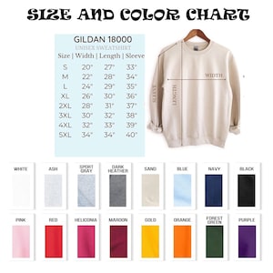 Puede incluir: Una tabla de tallas y colores para una sudadera unisex Gildan 18000. La tabla incluye medidas de ancho, largo y largo de manga en pulgadas, junto con una paleta de colores que incluye blanco, ceniza, gris deportivo y otros colores.
