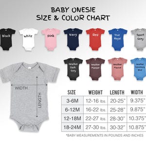 Pu&ograve; includere: Tabella delle taglie e dei colori dei body per neonati. Include body neri, bianchi, rosa, blu navy, rossi, blu royal, grigio sportivo, grigio scuro m&eacute;lange, marrone melange, malva melange e blu Columbia melange. Misure in pollici e libbre.