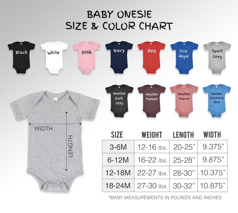 Pu&ograve; includere: Tabella delle taglie e dei colori dei body per neonati. Include body neri, bianchi, rosa, blu navy, rossi, blu royal, grigio sportivo, grigio scuro m&eacute;lange, marrone melange, malva melange e blu Columbia melange. Misure in pollici e libbre.