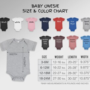 May include: A baby onesie size and color chart. The chart displays onesies in various colors, including black, white, pink, navy, red, and grey. The chart also includes size, weight, length, and width measurements in inches and pounds.