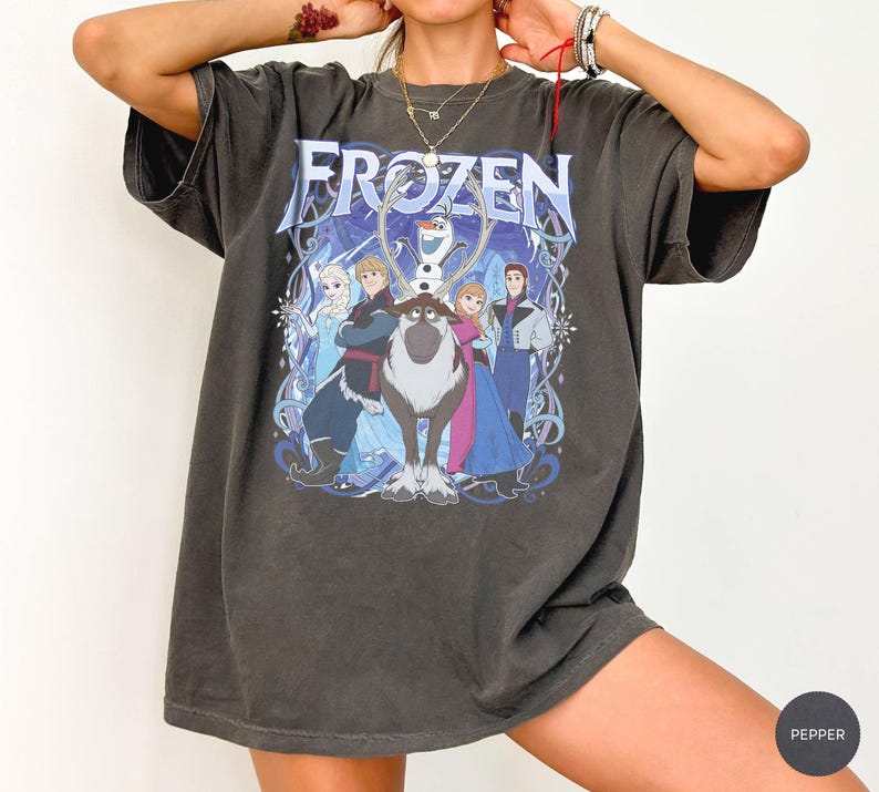 May include: A charcoal gray short-sleeve t-shirt featuring a graphic print of the characters Elsa, Kristoff, Olaf, Sven, and Anna from the movie Frozen. The word Frozen is printed in large blue letters at the top of the graphic design on the front.