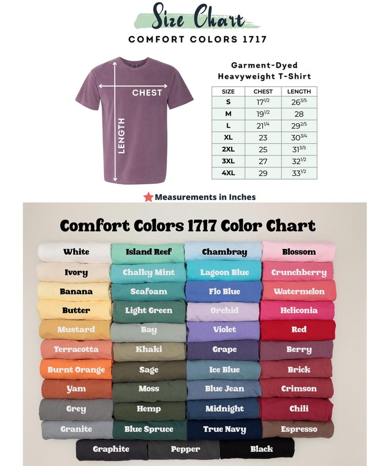 Puede incluir: Una tabla de tallas para camisetas pesadas te&ntilde;idas con Comfort Colors 1717. La tabla incluye medidas de pecho y largo en pulgadas para las tallas S a 4XL. Una carta de colores muestra varios colores de camisetas, incluyendo blanco, negro y rojo.