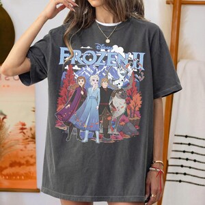 May include: A charcoal gray short-sleeve t-shirt featuring a graphic print of the Disney Frozen II logo above characters Anna, Elsa, Kristoff, Sven, and Olaf. The design includes a background of stylized mountains and autumn-colored trees.